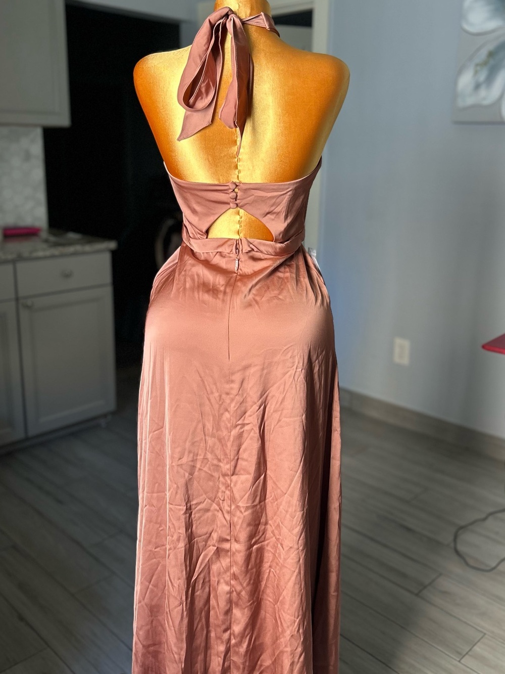 Rose Gold Satin Halter Maxi Dress Open Back Formal Evening